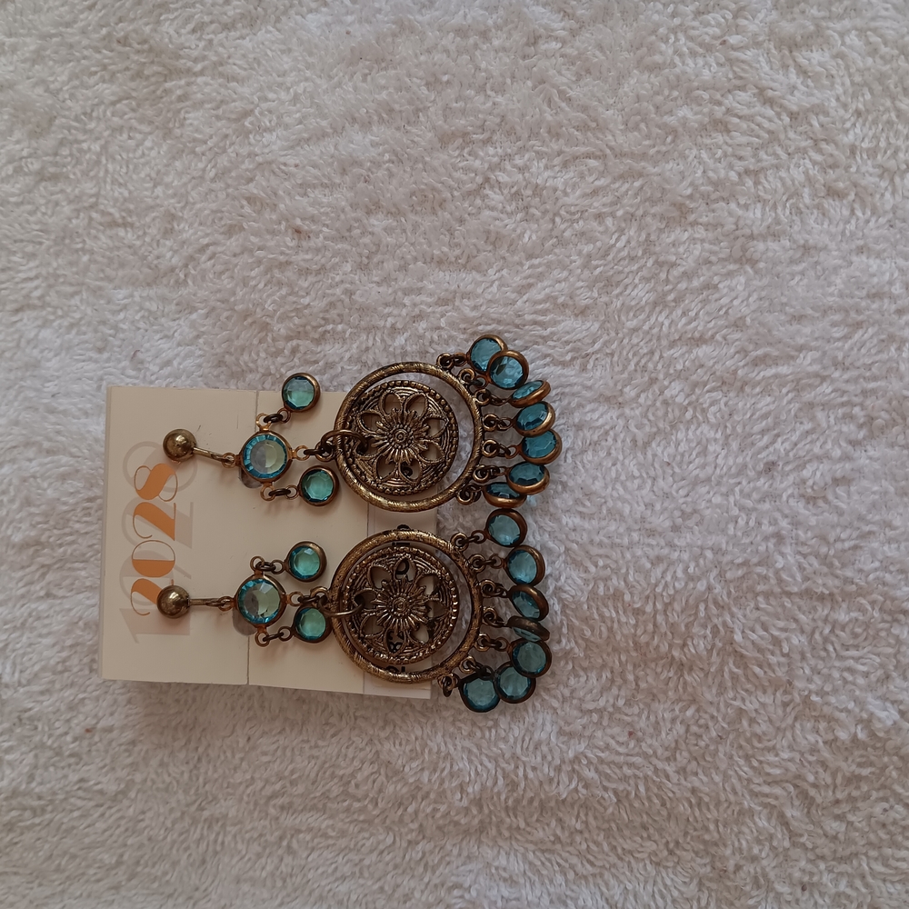 Gold and Blue Dangle Clip-on Earrings